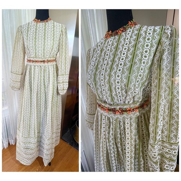 Vintage 60s prairie maxi dress, green organza flocked floral, lined - Picture 2 of 10